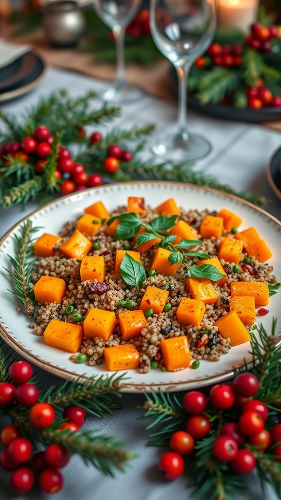 A colorful vegan Christmas dinner featuring roasted butternut squash and quinoa, garnished with herbs, on a festive dining table.
